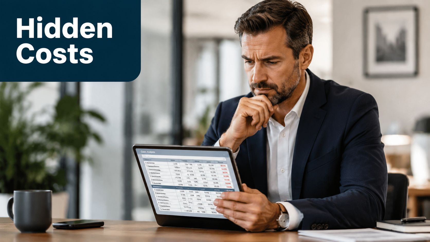 A professional man in a suit looks thoughtfully at a digital tablet displaying a cost analysis spreadsheet.