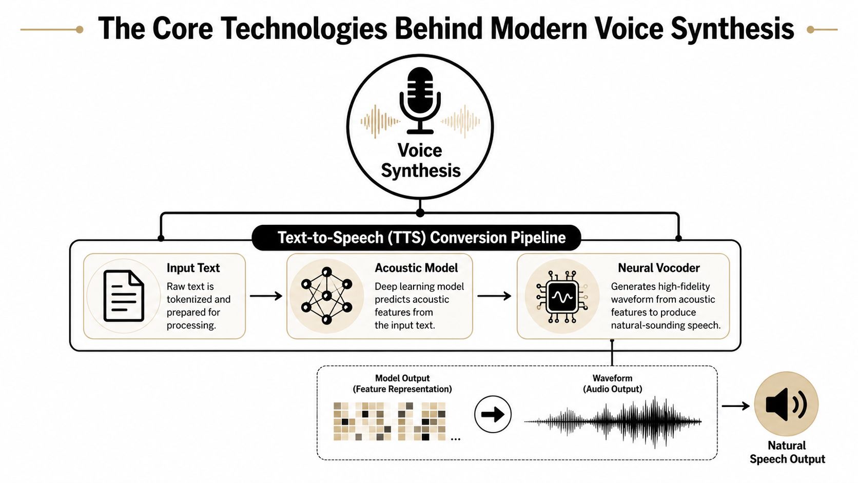 A diagram illustrating the Text-to-Speech pipeline process from raw input text to natural speech output.