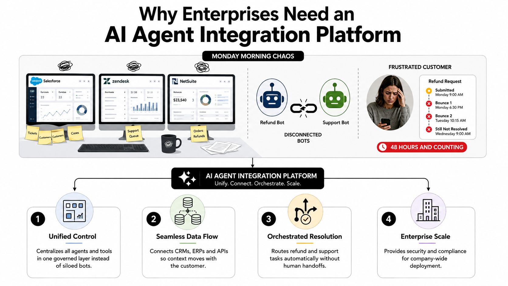 A diagram illustrating how an AI agent integration platform solves disconnected workflows and improves customer support efficiency.