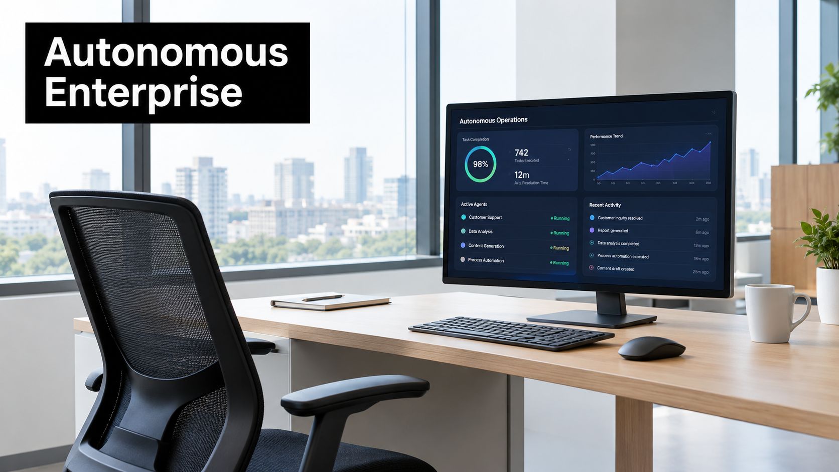 A modern office desk with a computer monitor displaying an autonomous enterprise dashboard for AI agents.