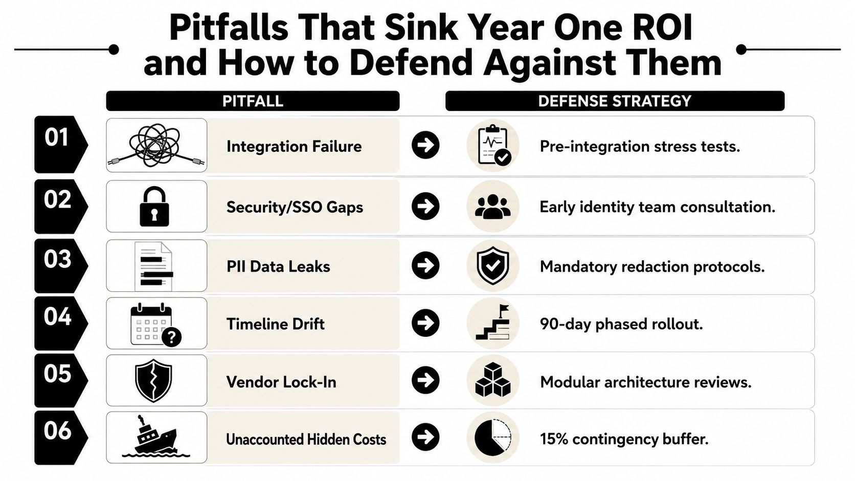 A chart listing six common business pitfalls that reduce ROI and suggested defense strategies for each.
