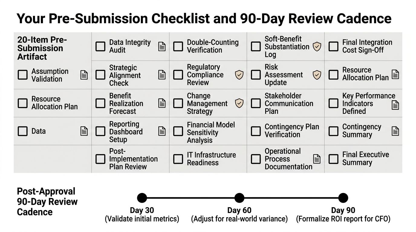 A checklist table titled Pre-Submission Checklist and 90-Day Review Cadence for tracking project completion and post-approval reviews.