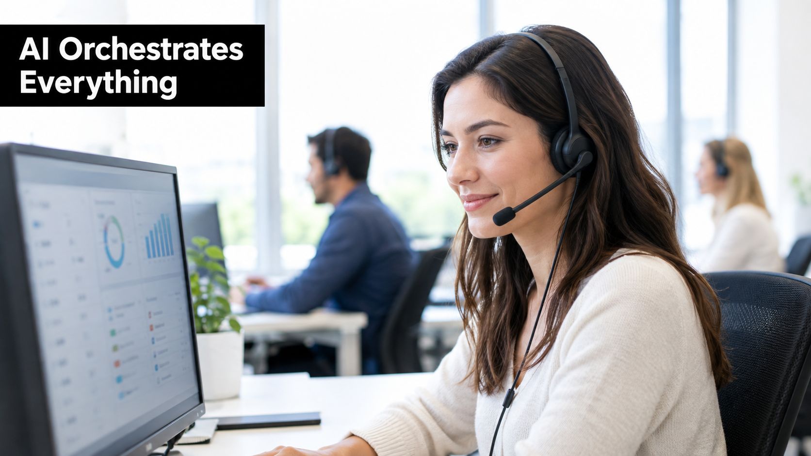 A professional customer service representative wearing a headset working at a computer in a call center.