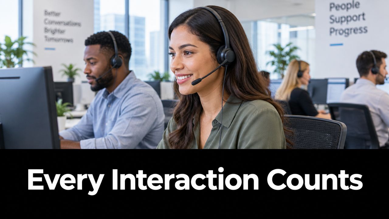 A diverse group of professional customer service representatives working at their computers in a modern office.