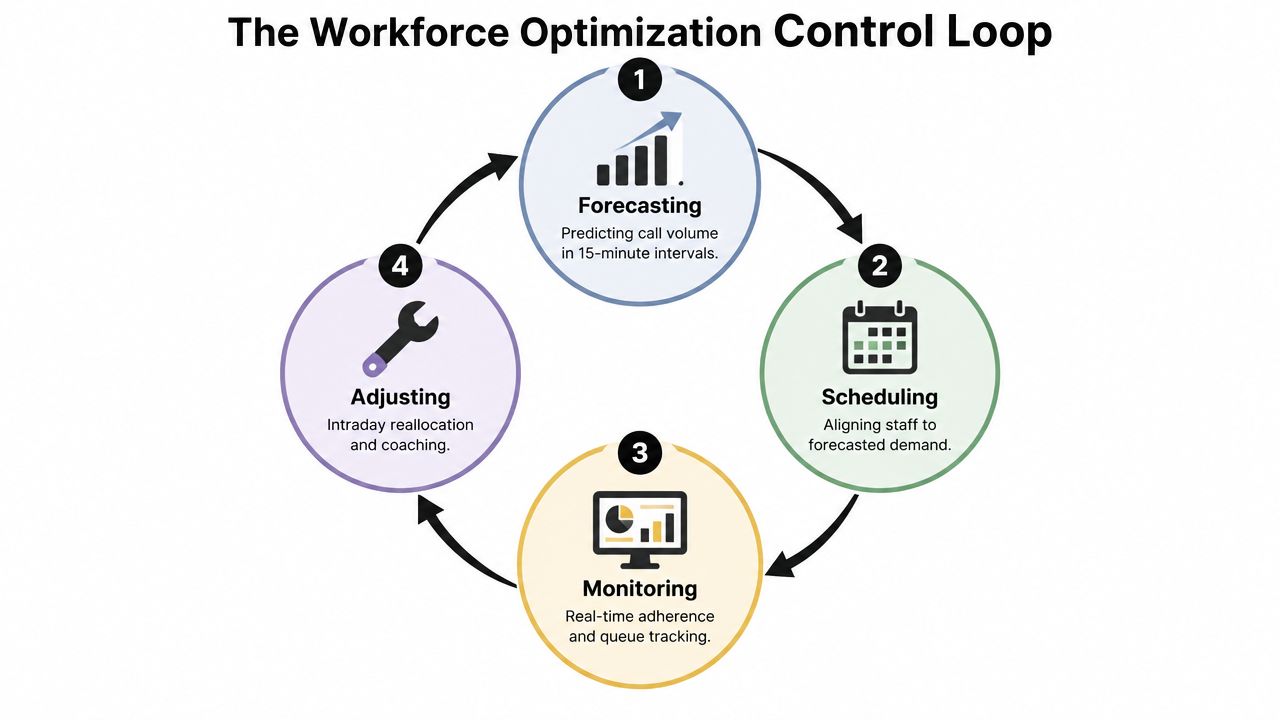 A circular diagram illustrating the four-step workforce optimization control loop for contact center management processes.