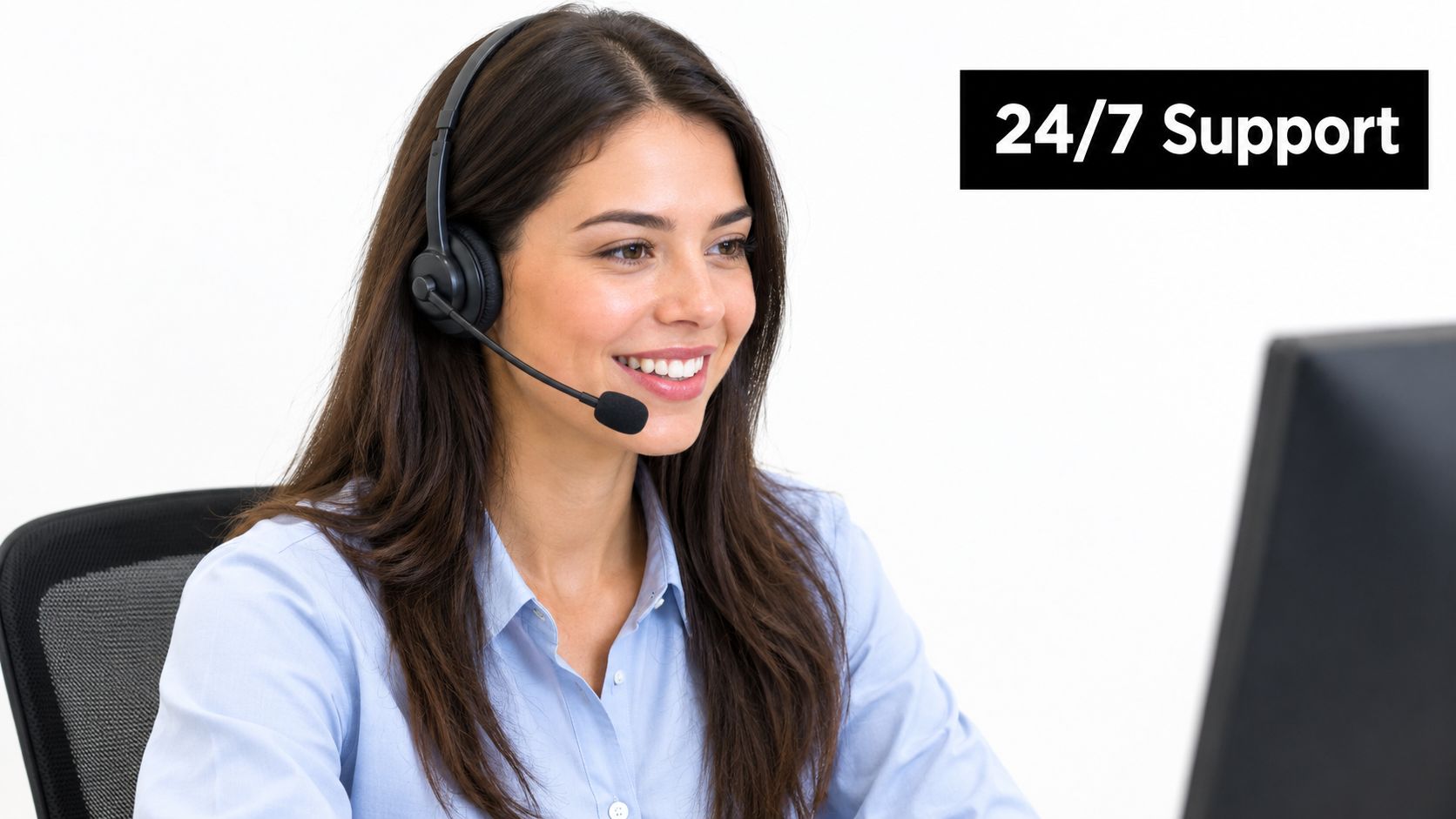 A friendly customer support representative wearing a headset and smiling while working on a computer.