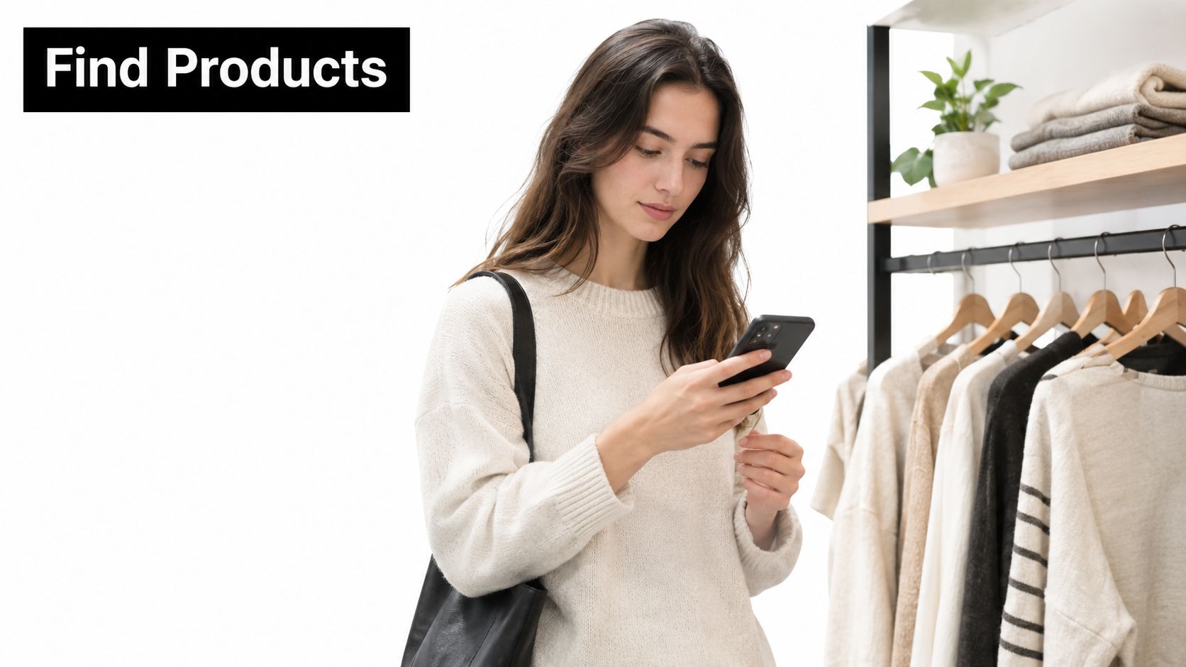 A young woman shopping for clothing in a store while looking at her smartphone mobile device.