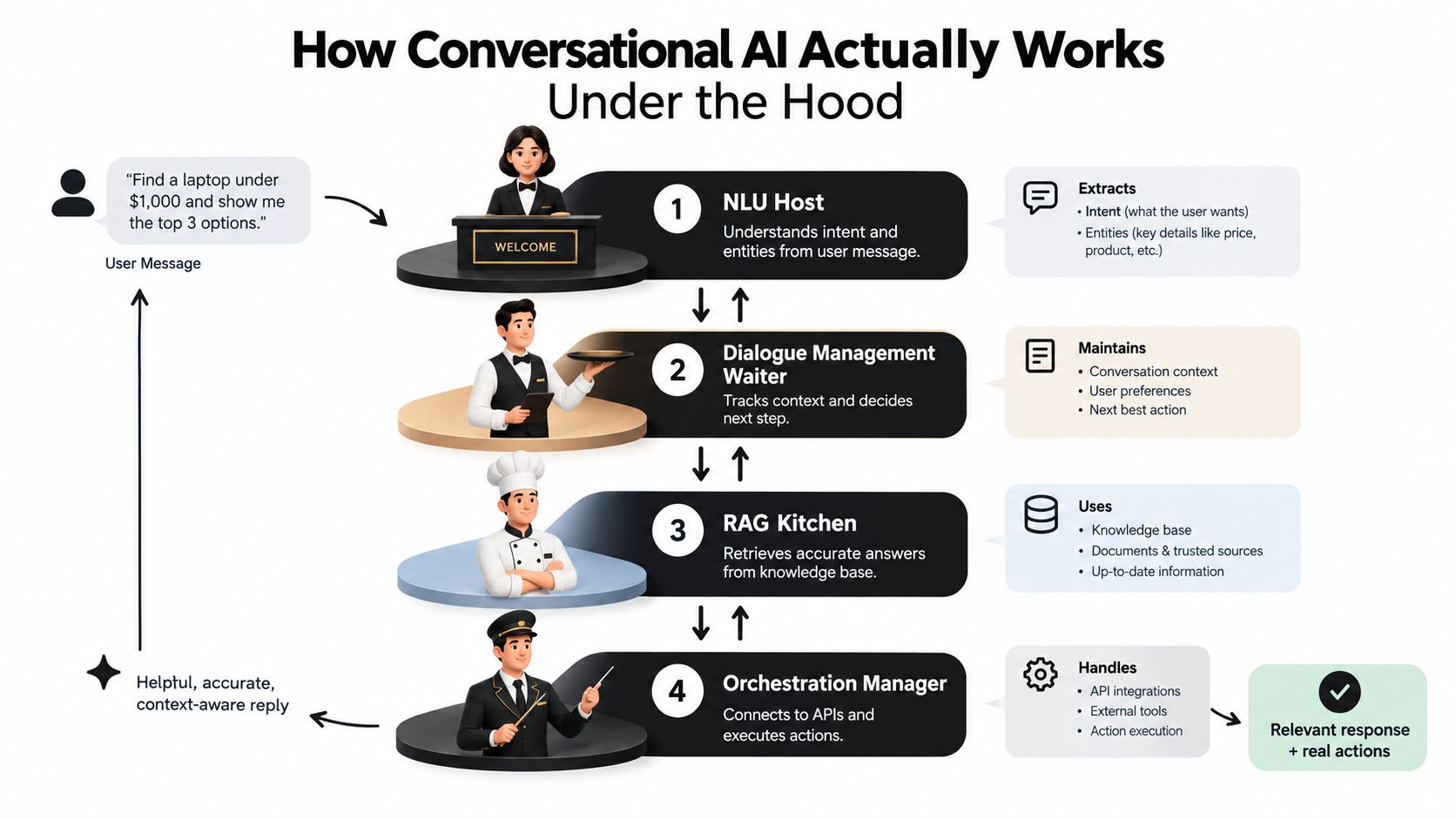 A diagram illustrating the four steps of how conversational AI works using a restaurant analogy metaphor.