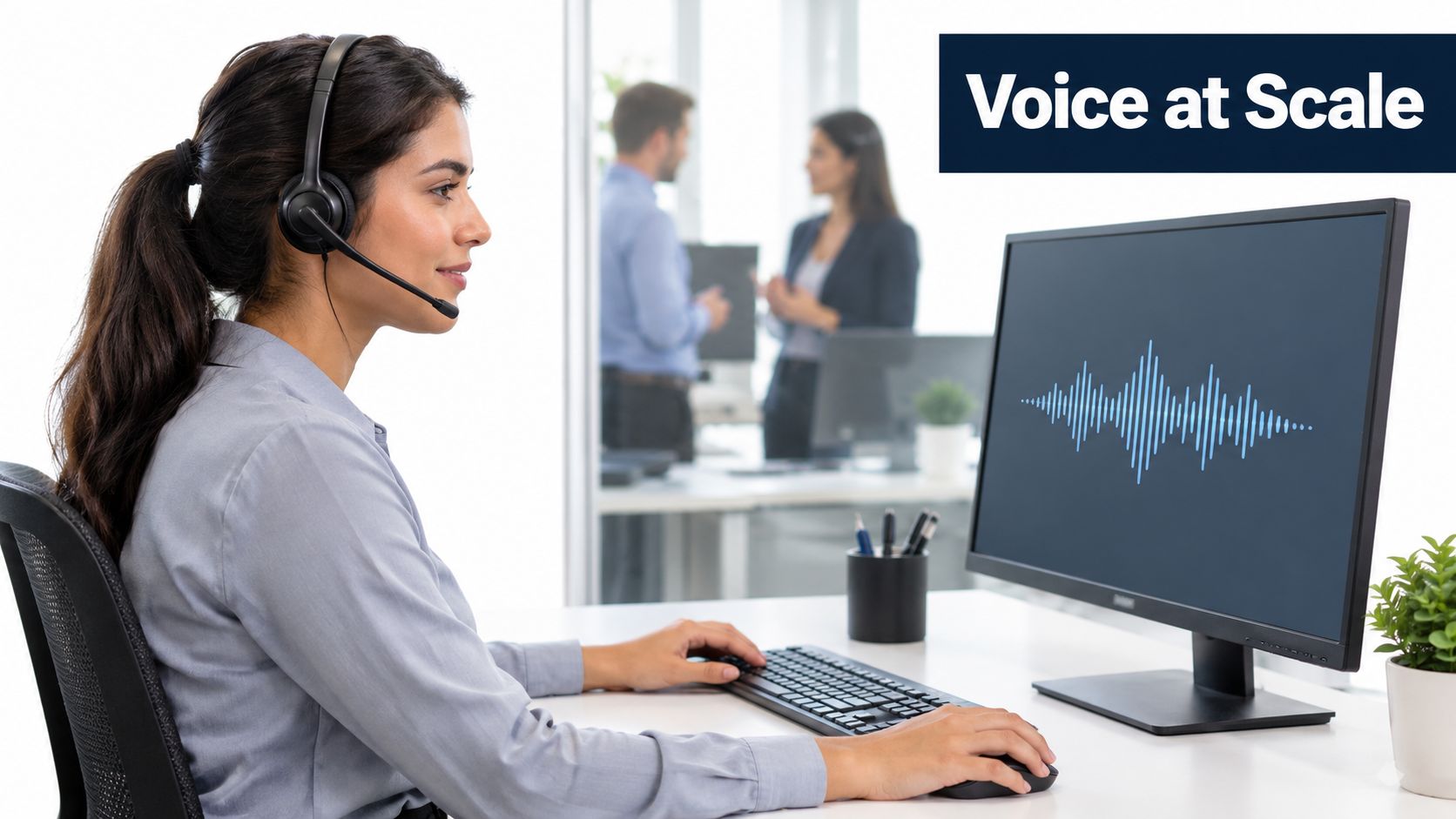 A professional customer service representative wearing a headset sits at a desk with a computer monitor.