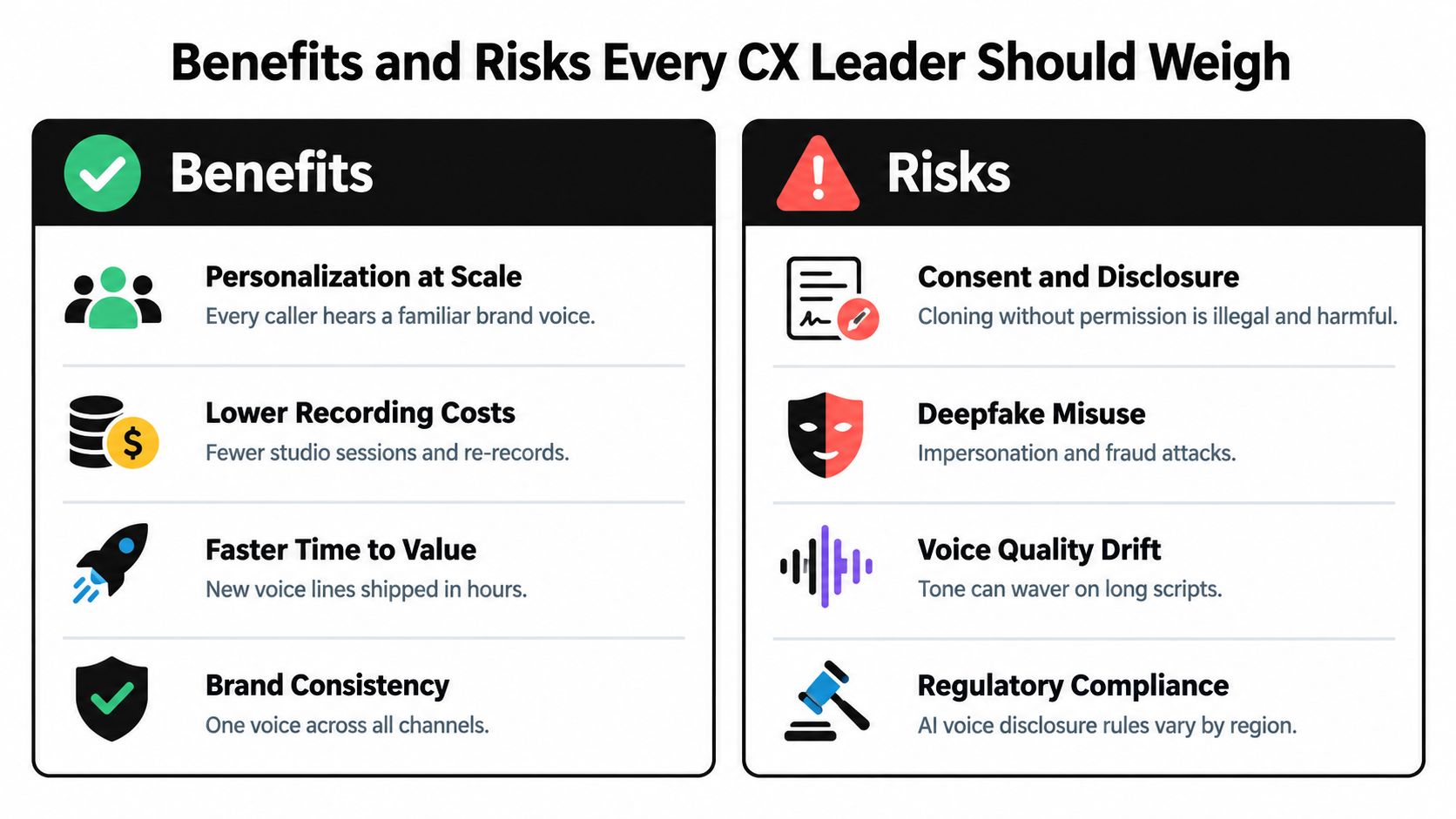 A comparison chart highlighting the benefits and risks of using AI voice cloning in customer experience.