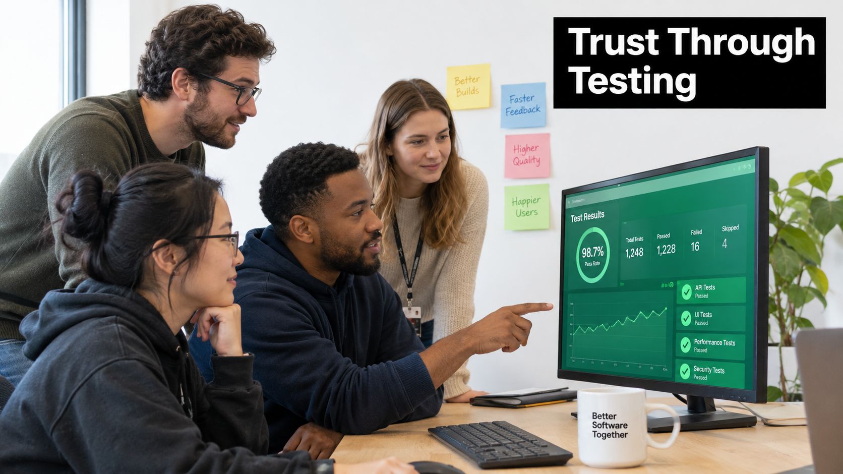 A diverse team of four software professionals collaborating while reviewing automated testing software results on a computer monitor.