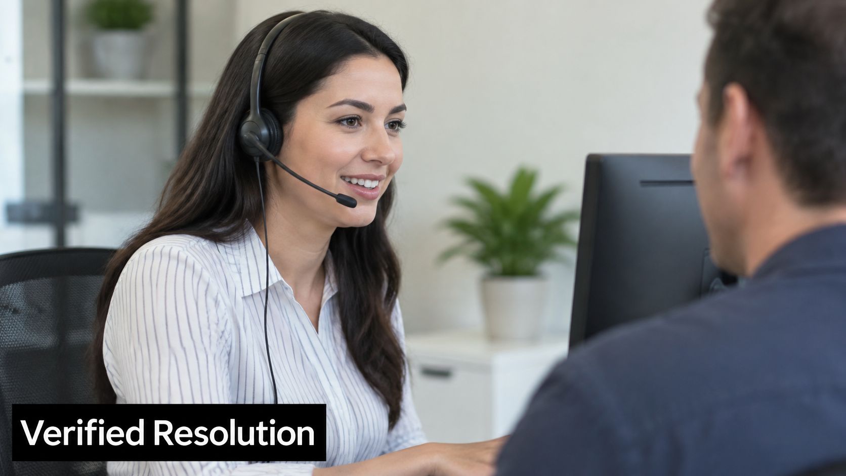 A smiling customer service representative wearing a headset assists a client in a modern office environment.