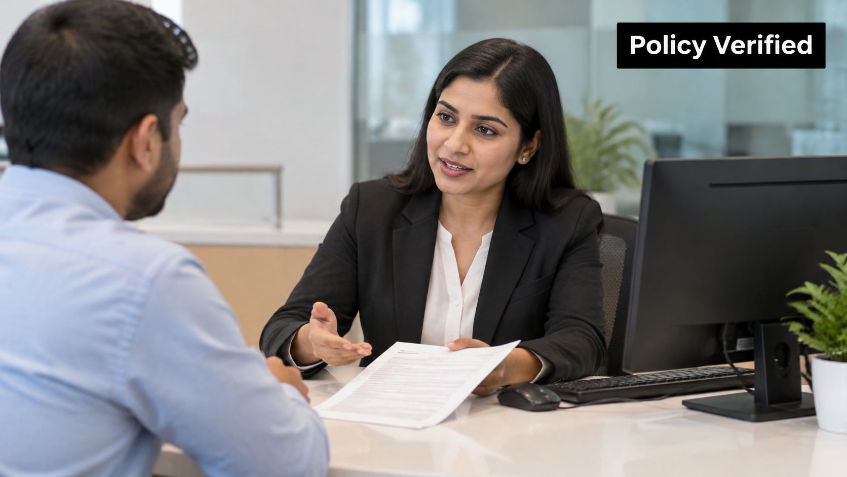 A professional woman in a suit discusses documents with a client at an office desk.