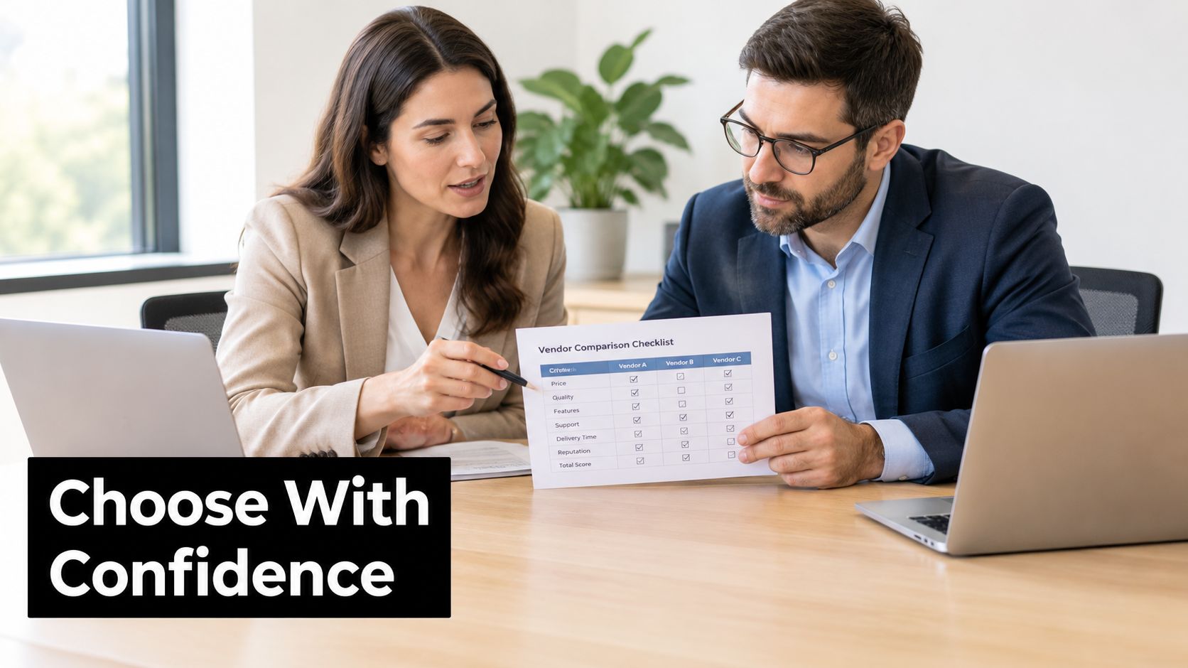 A professional man and woman discussing vendor comparison checklist results in an office with laptops on desk.
