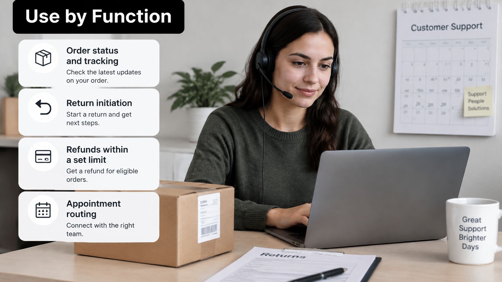 A customer support representative wearing a headset uses a laptop with a menu listing support functions.