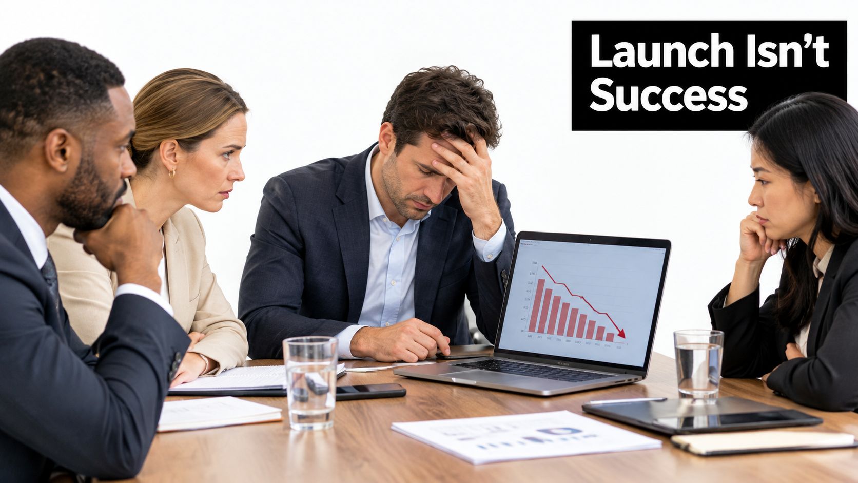 A professional team of colleagues looking concerned while reviewing a declining financial graph on a laptop screen.