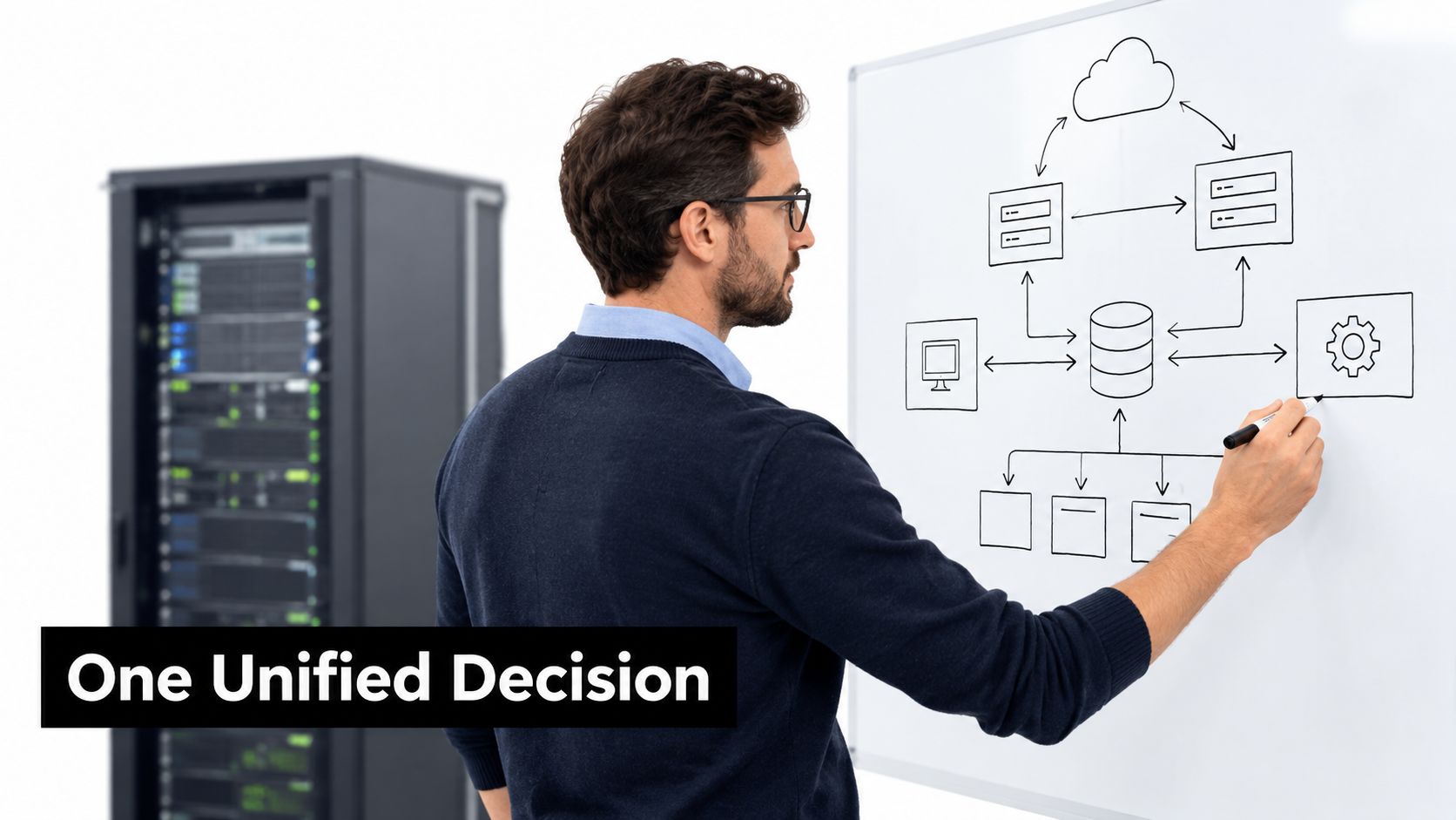 A professional man drawing a network infrastructure diagram on a whiteboard next to a server rack.