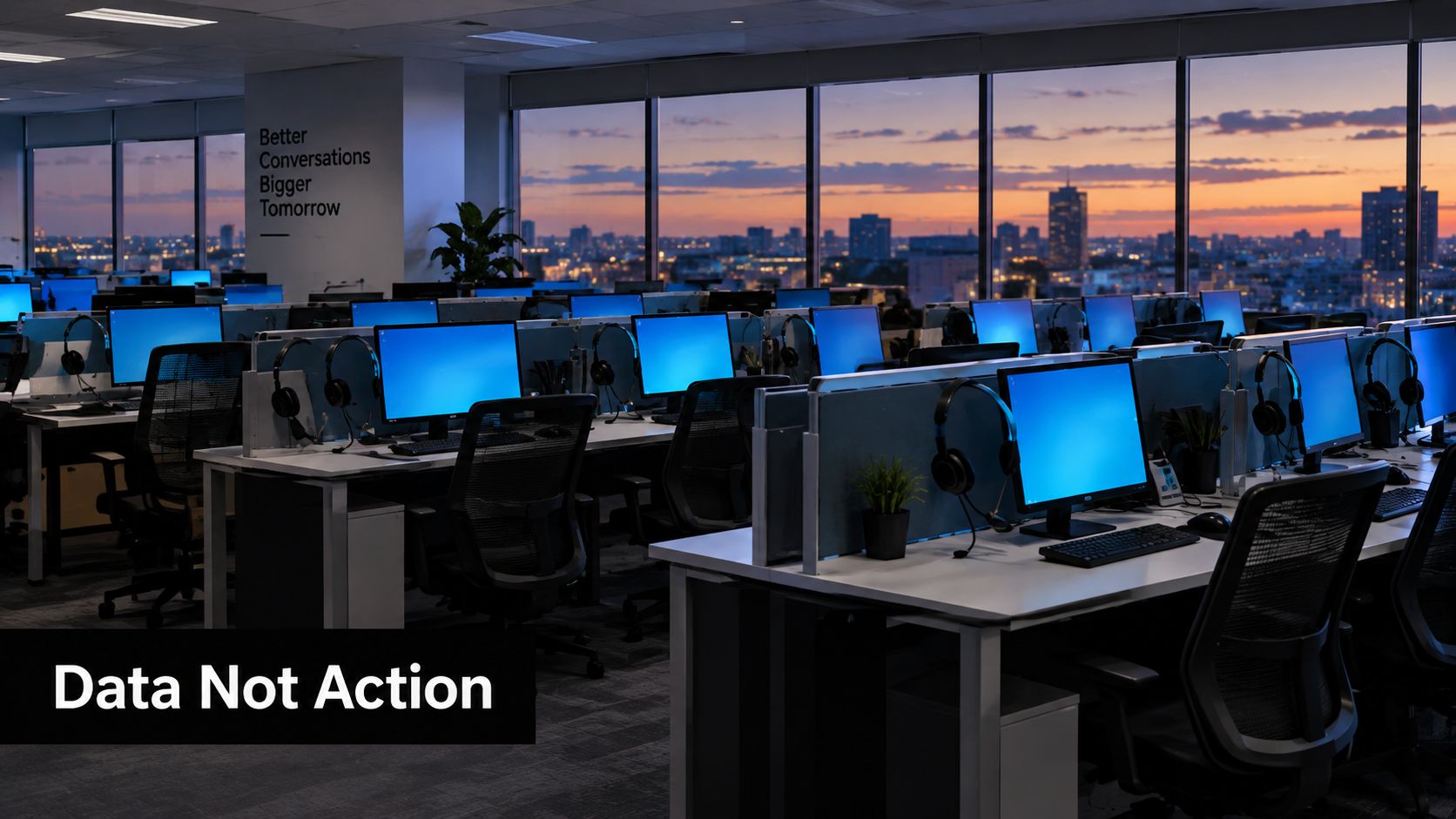 A modern, dimly lit office workspace with multiple computer stations and headsets at dusk with city skyline views.