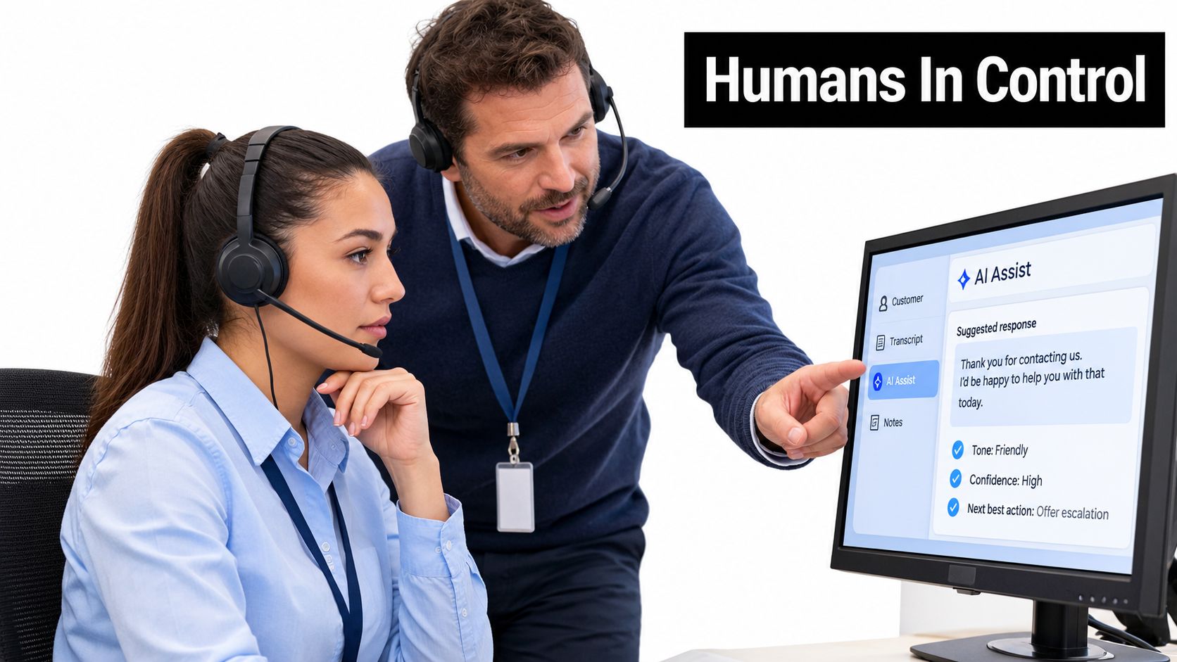 A professional manager coaching a female customer service representative using AI assistance software at an office workstation.
