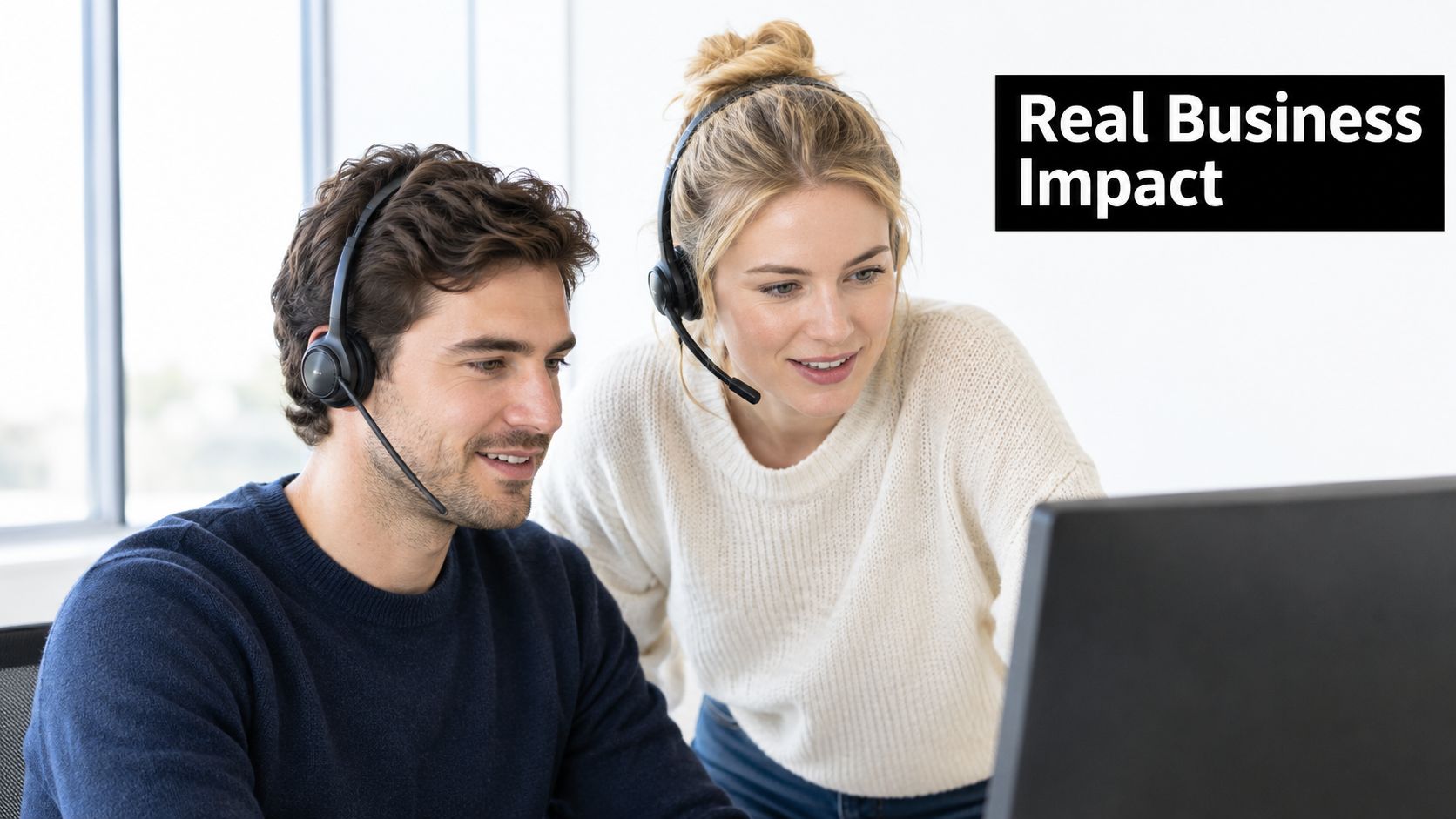 A professional man and woman wearing headsets working together at a computer in a modern office.