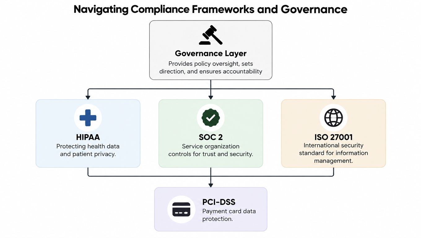 A diagram illustrating compliance frameworks including Governance Layer, HIPAA, SOC 2, ISO 27001, and PCI-DSS for data security.