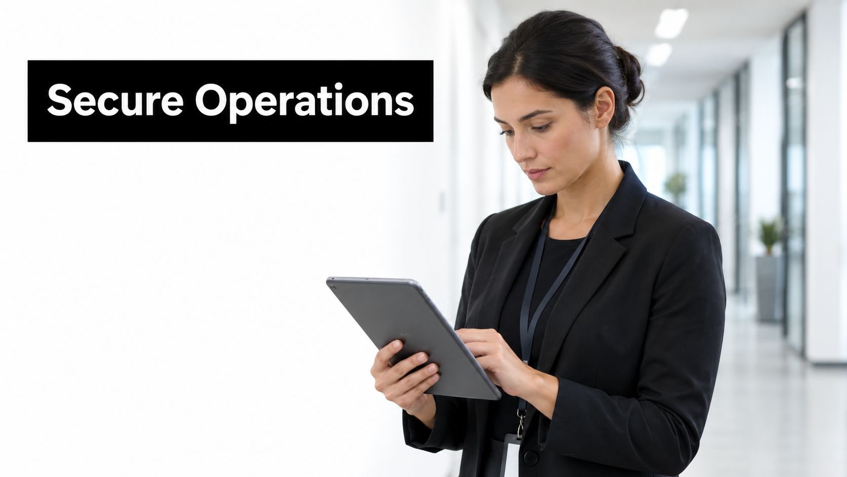 A professional woman in a suit using a tablet to manage secure operations in an office.