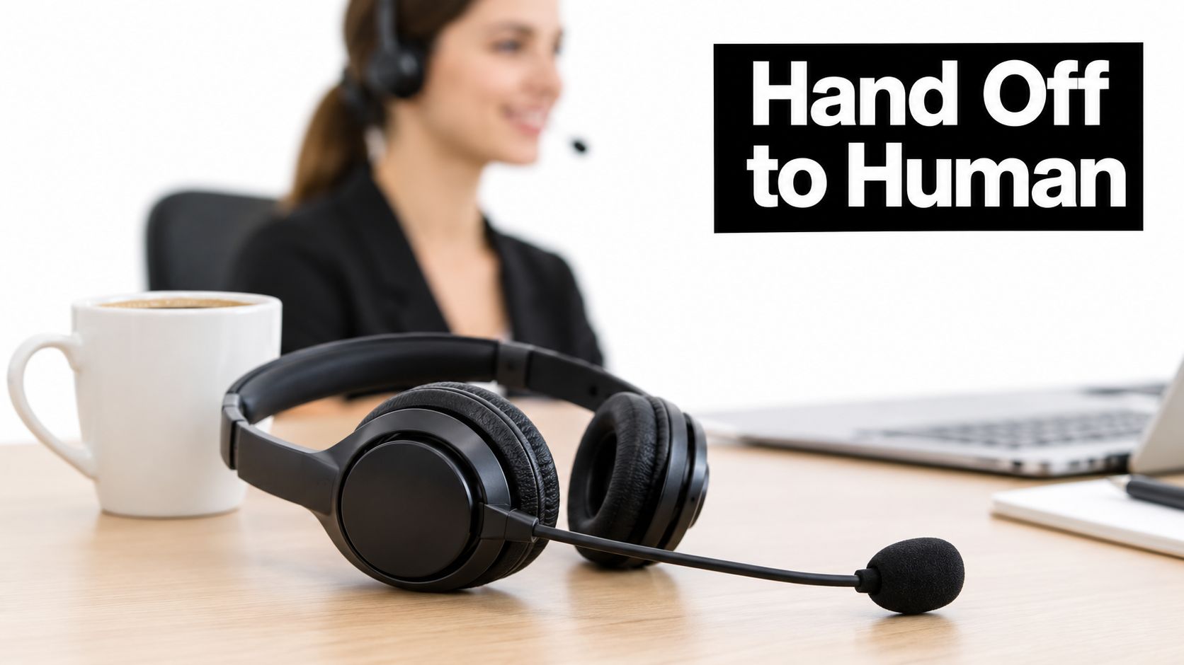 A professional headset rests on a desk in front of a blurry customer service representative.