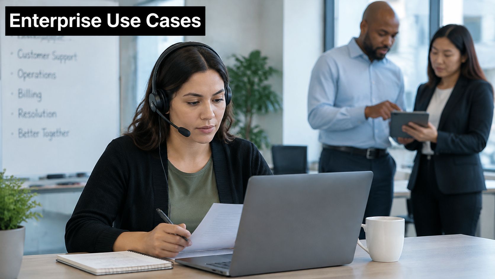 A professional woman wearing a headset working on a laptop with colleagues discussing in the background.