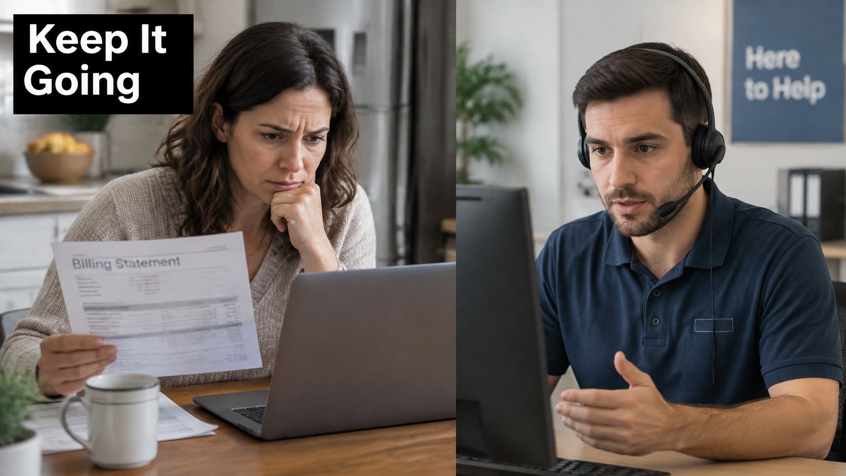 A split image showing a woman reviewing a billing statement and a customer support representative working online.