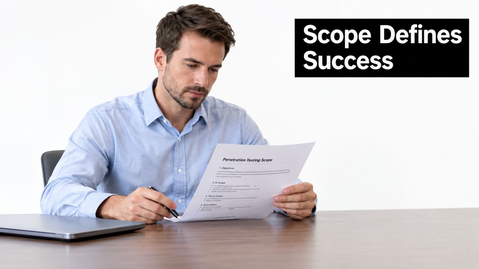A professional man reviewing a document labeled Penetration Testing Scope while sitting at a clean desk.
