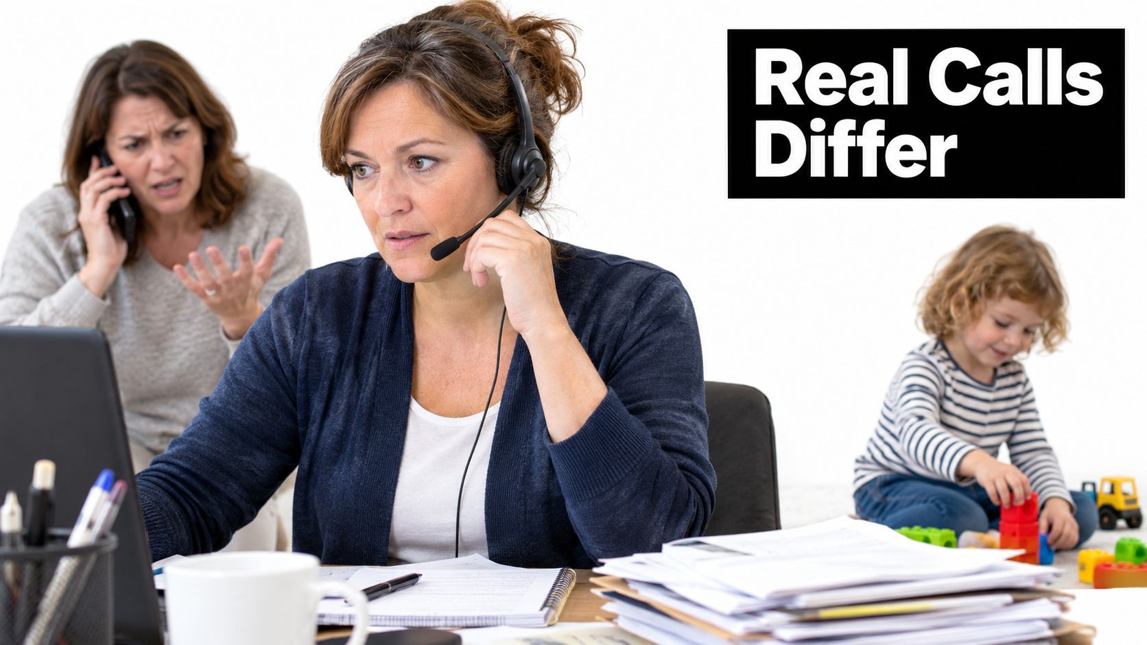A woman working remotely with a headset while distracted by a phone call and a child.