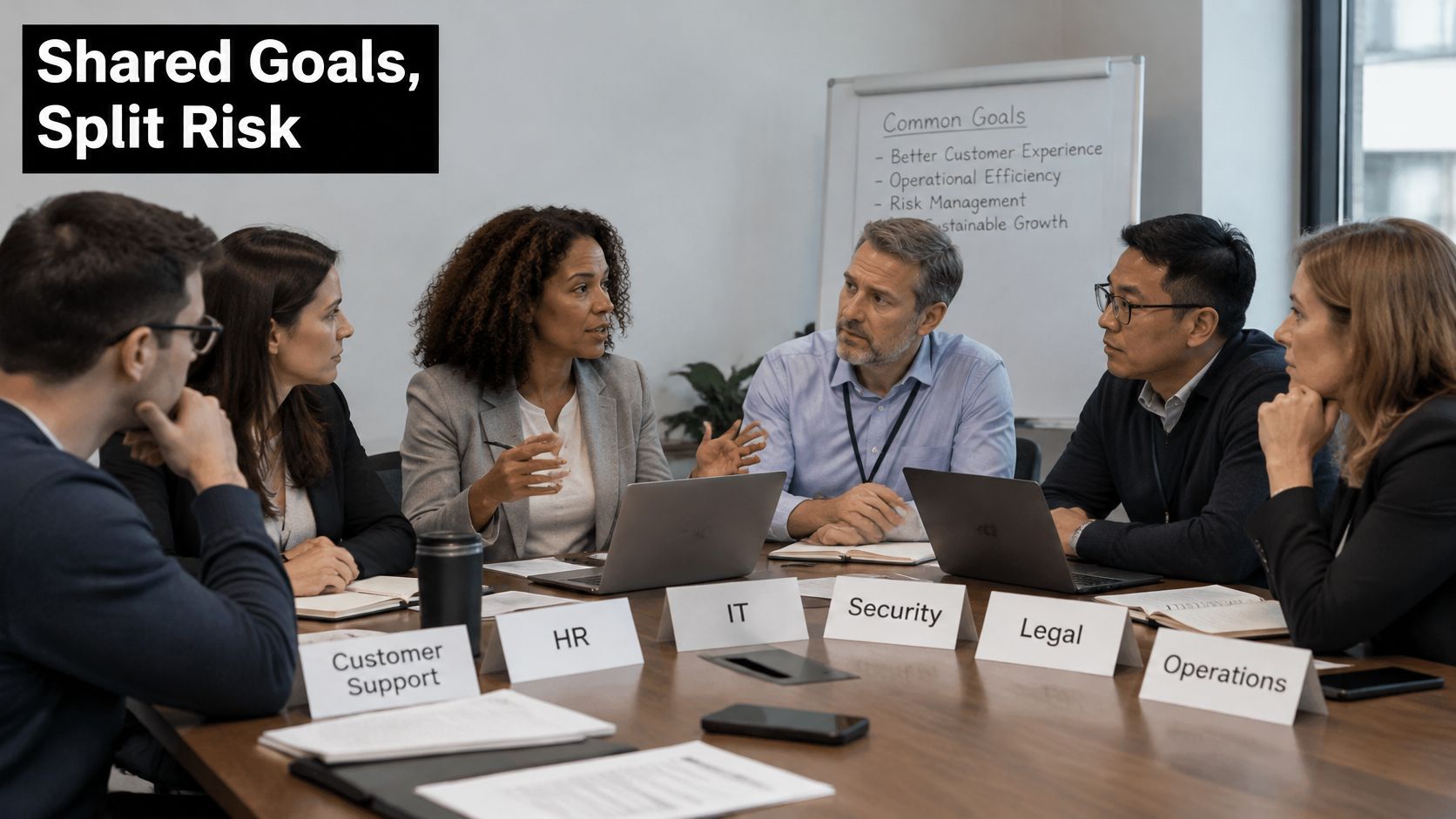 A diverse group of professionals collaborating in a meeting room during a stakeholder alignment strategy session.